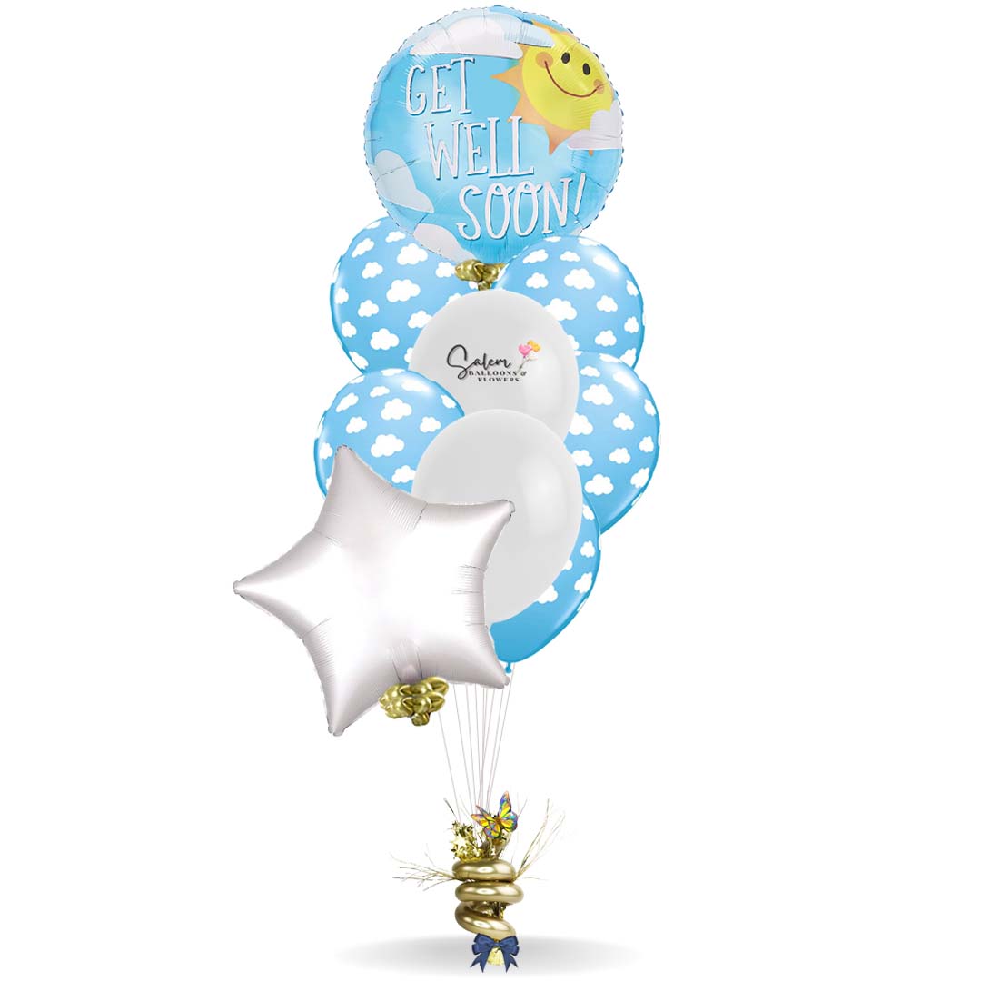 Get well soon helium balloon bouquets. Delivery in Salem Oregon and nearby cities. Mylar balloon displays a smiley sun, blue sky and white clouds.