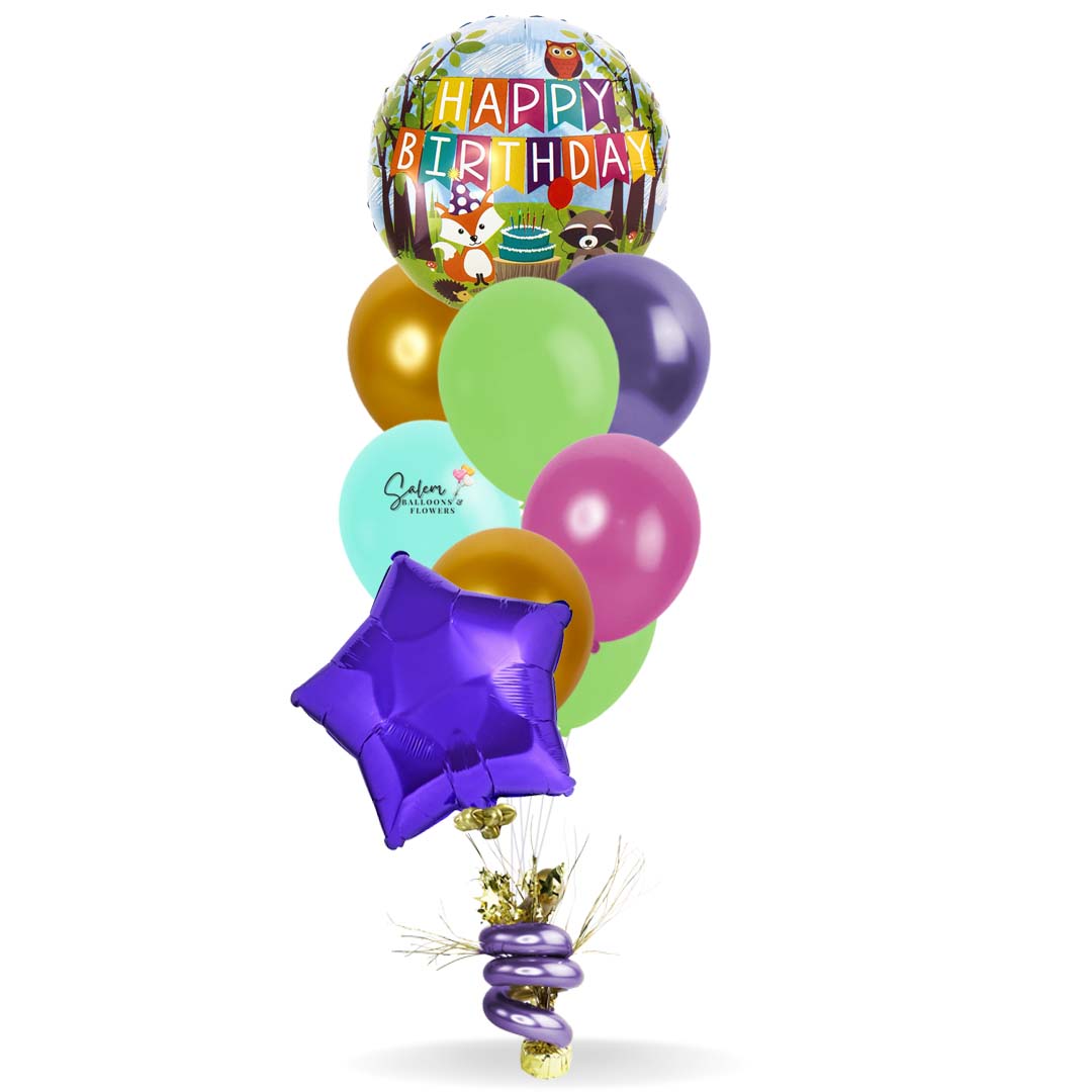 HBD helium balloon bouquet, featuring a woodland happy birthday Mylar balloon. Delivery in Salem Oregon and nearby cities.