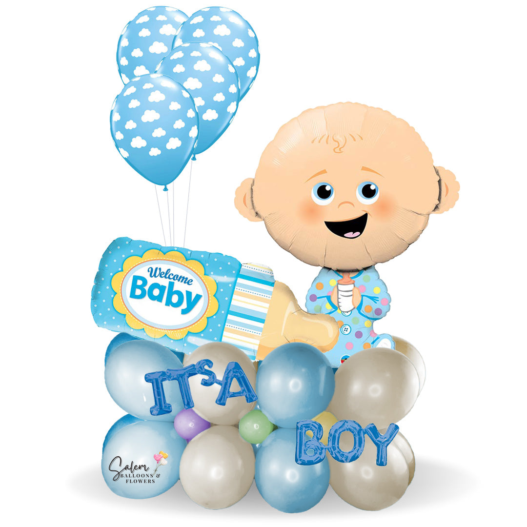 Welcome Baby balloon bouquet. Featuring a extra large Mylar baby balloon and baby bottle with a Welcome Baby message and a set of helium balloons. Delivery in Salem Oregon, Keizer OR. Balloon delivery Salem Oregon.