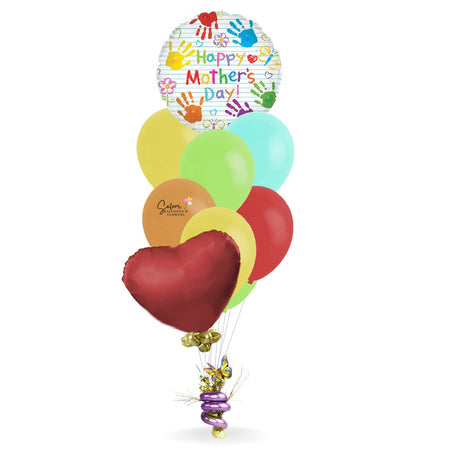 Mother's Day Balloon Bouquet, featuring a mylar balloon with little handprints and a  "Happy Mother's Day" message. Salem Oregon balloon delivery.