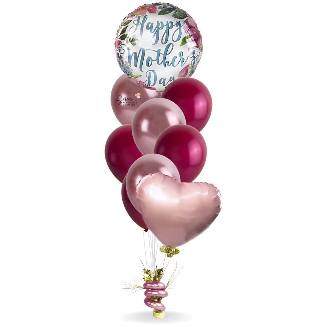 Mother's Day balloon bouquet, featuring a Mylar balloon with peony flowers and a 