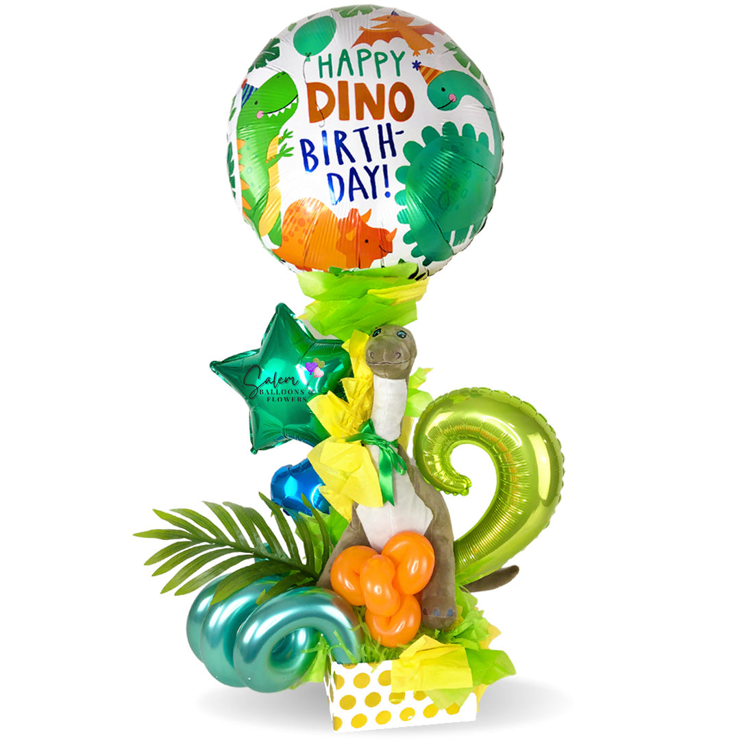 Balloon arrangement with plush. Dinosaurs themed Mylar balloon. Delivery in Salem, Stayton, Keizer and nearby cities. Oregon