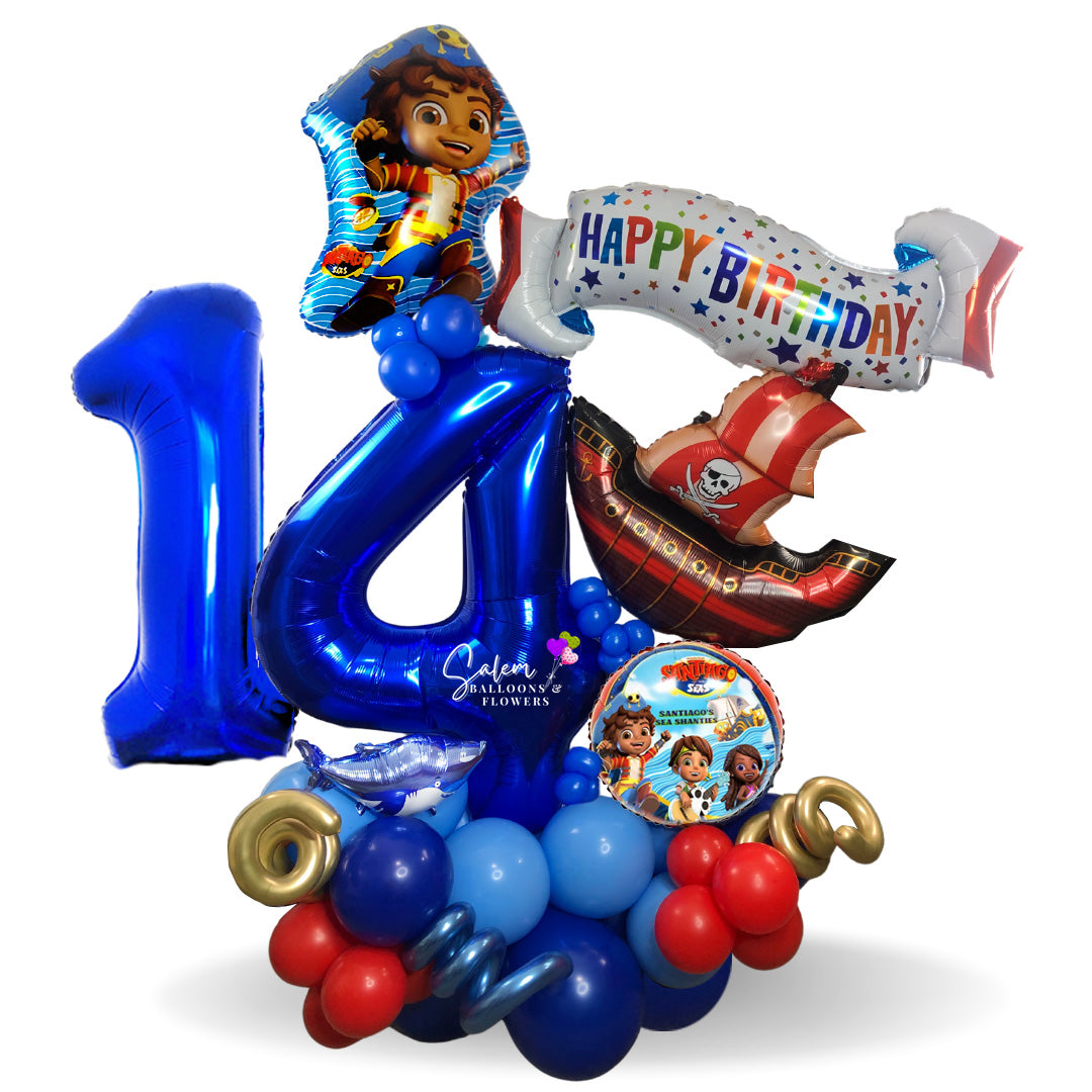 Extra-Large balloon number bouquet. A gift that never goes out of style. A Santiago of the Seas themed Birthday balloon bouquet. Delivery in Salem Oregon and nearby cities.