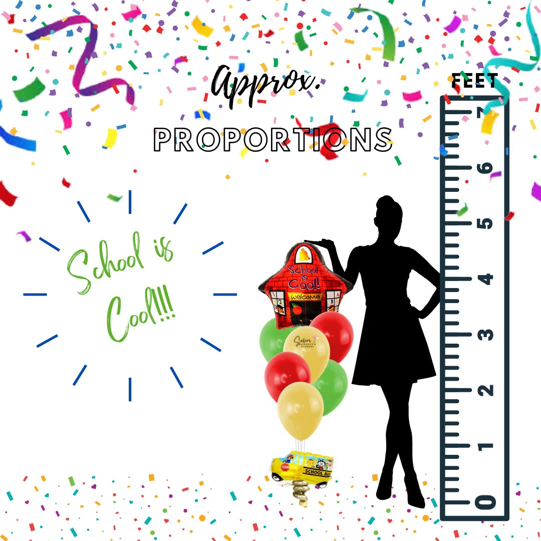 Back to school balloon bouquet, featuring a star Mylar balloon with a "School is Cool" message and a set of colorful helium balloons  anchored to a decorated weight with a yellow school bus balloon. Deluxe style comes with a box of chocolates and free delivery.