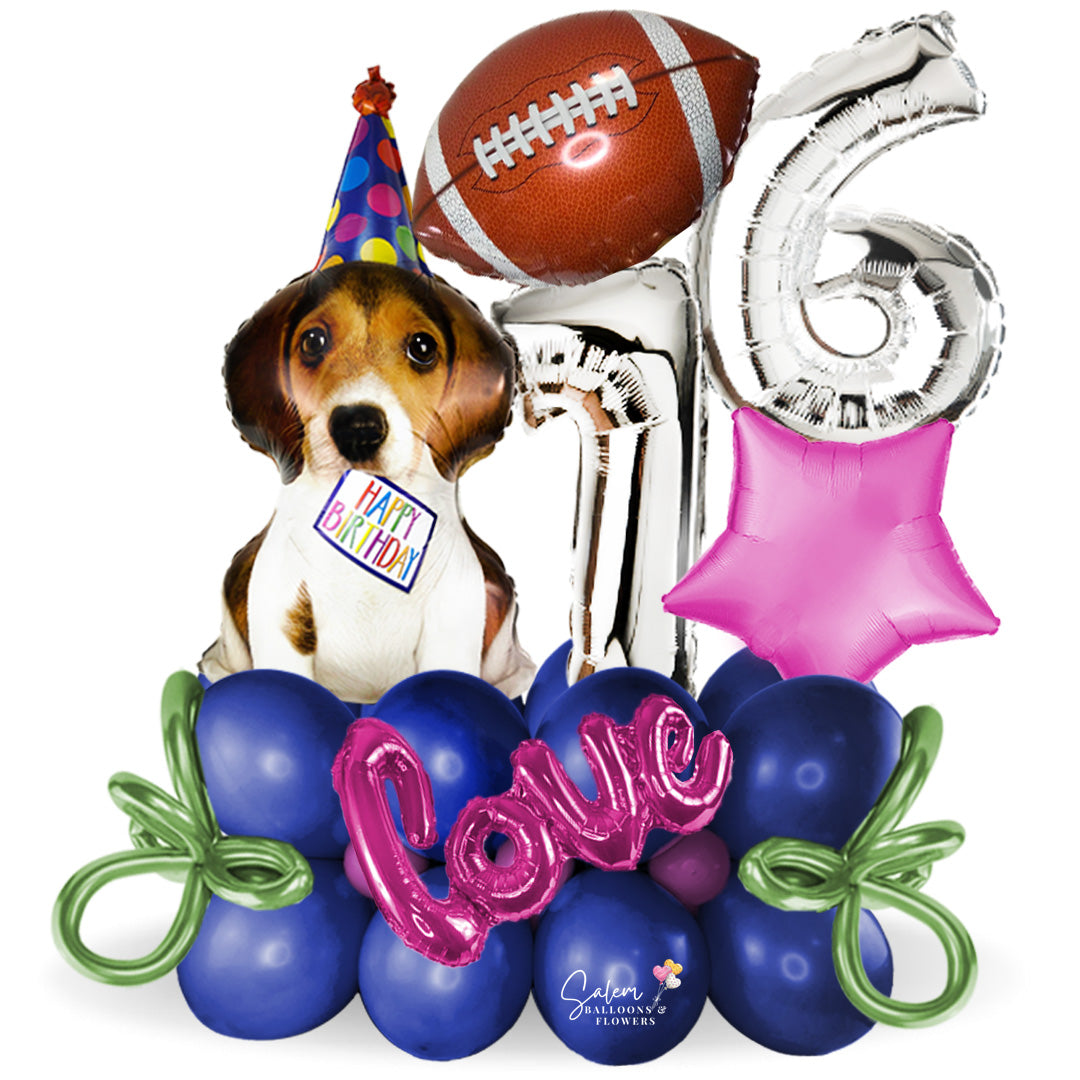 Numbers balloon bouquet featuring a dog balloon. Balloons Salem Oregon. Balloon delivery in Salem Oregon. Balloons Keizer OR.