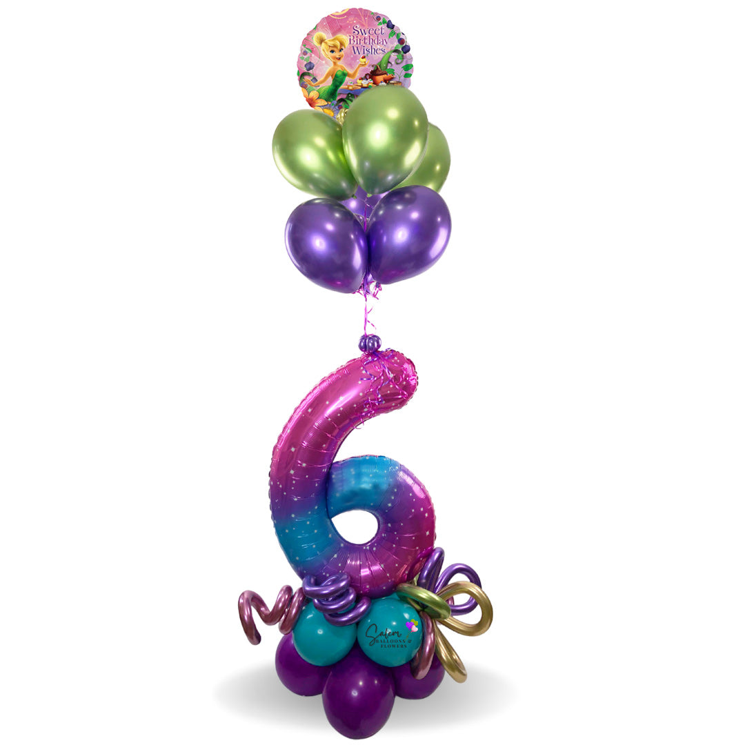 A LARGE "Happy Birthday"  number balloon bouquet. Featuring large base with balloon numbers and a cute Tinkerbell Mylar balloon with a "Happy Birthday" message accompanied with a helium balloon set in matching colors. Balloon delivery in Salem Oregon and nearby cities.