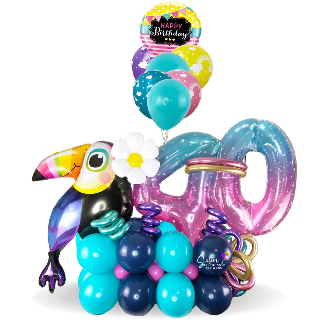 Happy Birthday balloon bouquet. Featuring an extra large gorgeous toucan balloon with balloon numbers in a very tropical style. Balloon delivery in Salem Oregon. Keizer Oregon.