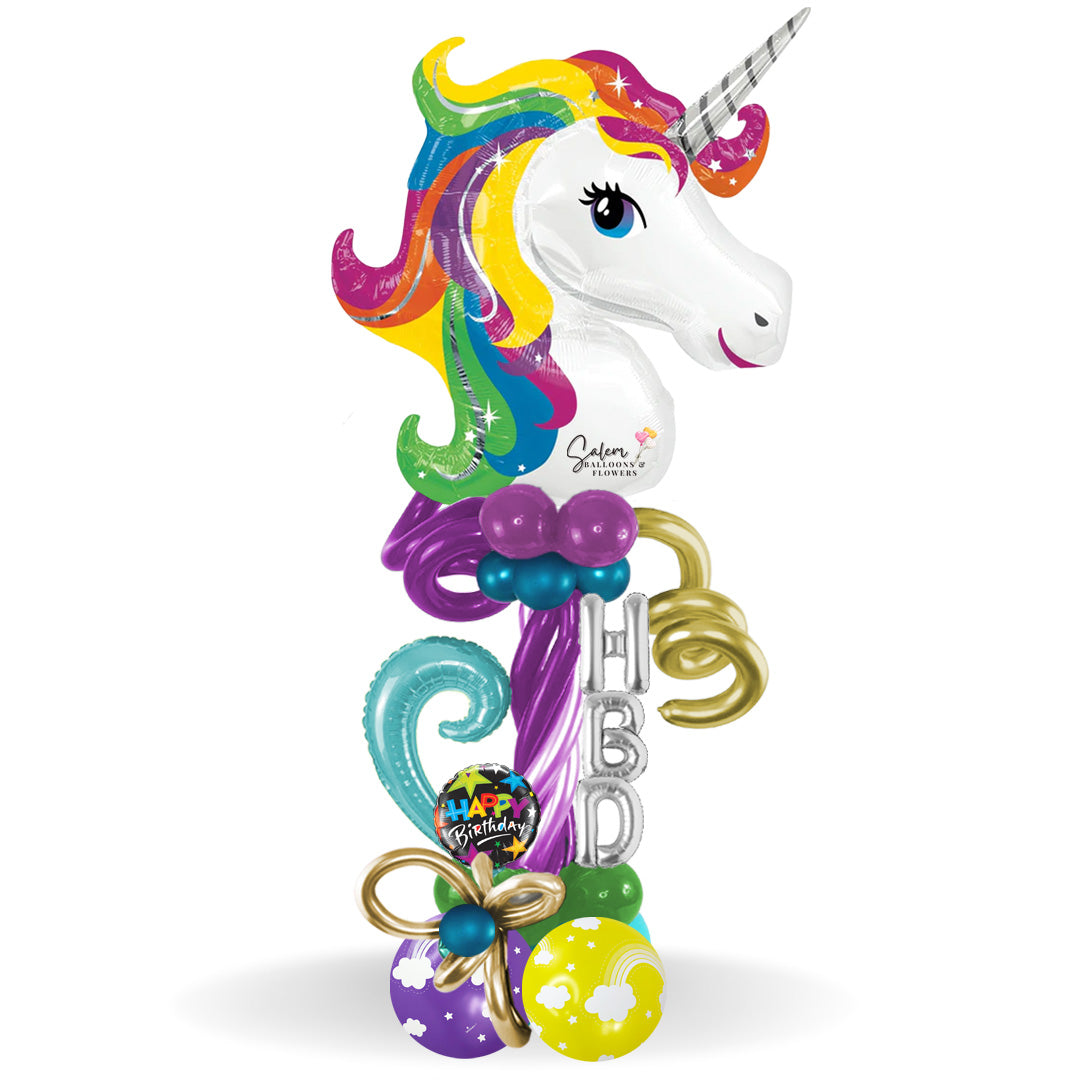 Sweet unicorn balloon bouquet. Featuring a sweet 33