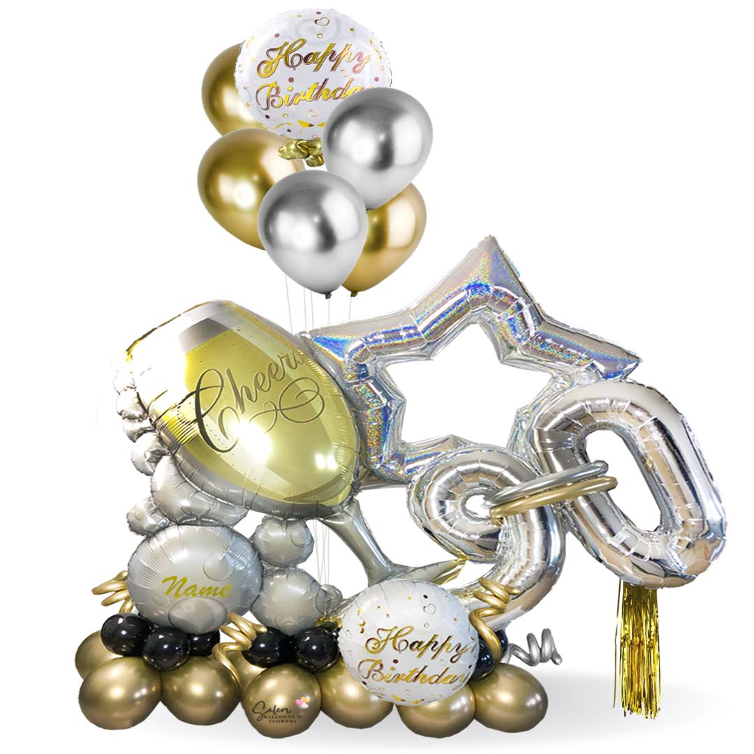 Extra Large balloon bouquet. Featuring a celebration bubbly cup balloon, large balloon numbers and a huge silver open star. Decorated with a a happy birthday foil balloon, curly balloons and a set of helium balloons. (Optional) Free delivery in Salem Oregon and nearby areas. 