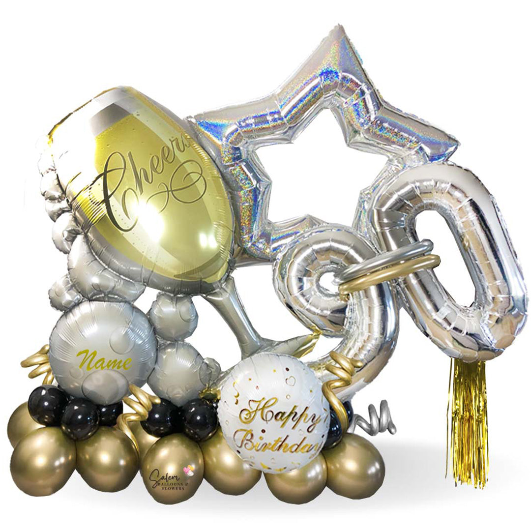 When you want to celebrate a big milestone, this Extra Large Balloon Bouquet with Numbers is a must! Featuring a celebration bubbly cup balloon, large balloon numbers and a huge silver open star. Decorated with a happy birthday or happy anniversary foil balloon (according to your occasion), curly balloons. 