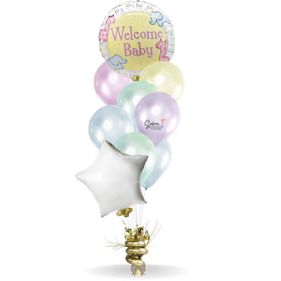 Baby themed balloon bouquet. Featuring a Hello Baby Mylar balloons with a set of bright colored helium balloons, anchored to a decorated weight. Deluxe style comes a box of chocolates and free delivery. Premium style comes with a box of chocolates, a cute plush and free delivery.