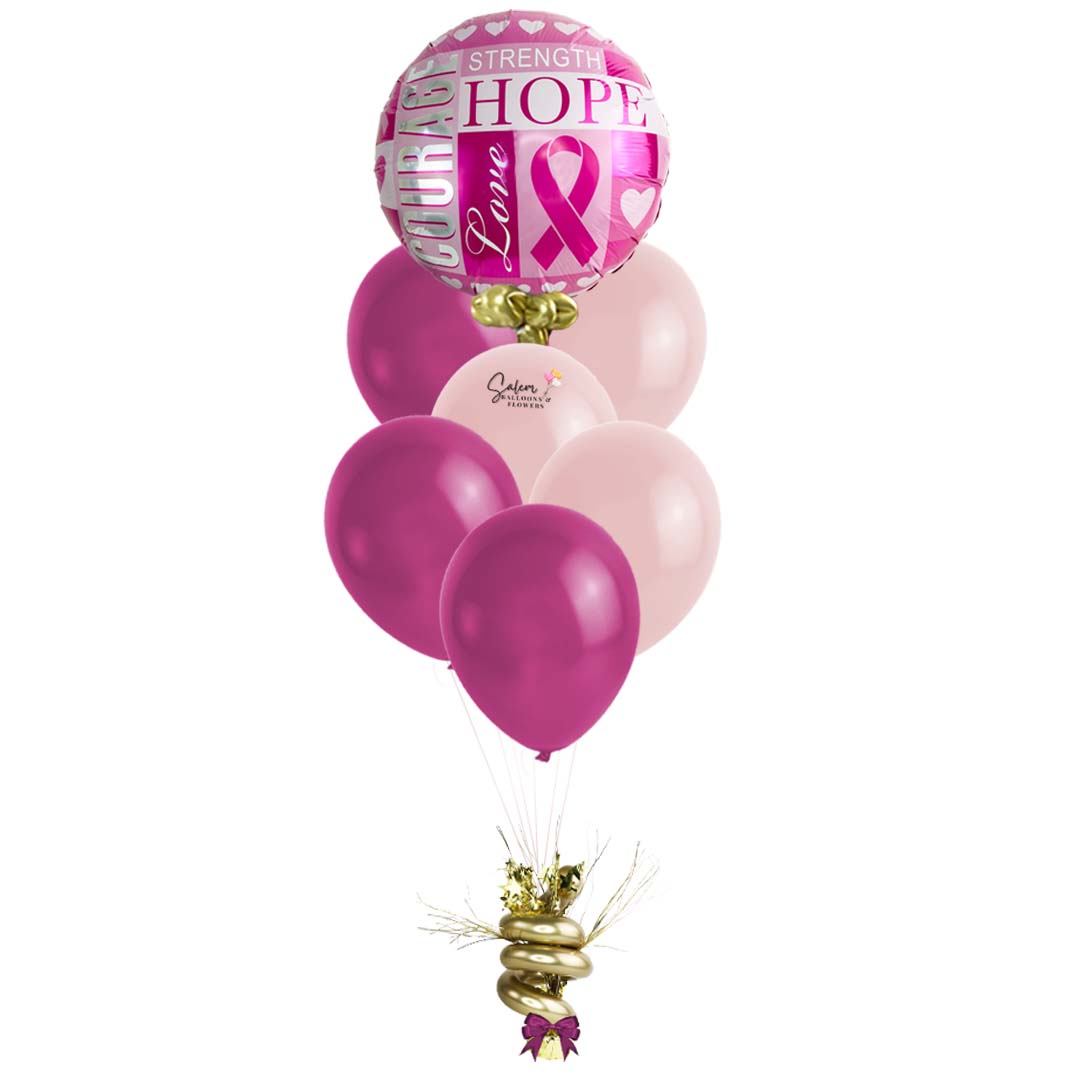 Get well helium balloon bouquet. Cancer awareness balloons. Featuring a Mylar balloon with a "Courage, love & hope" message and a set of bright and colorful helium balloons, anchored to a decorated weight.