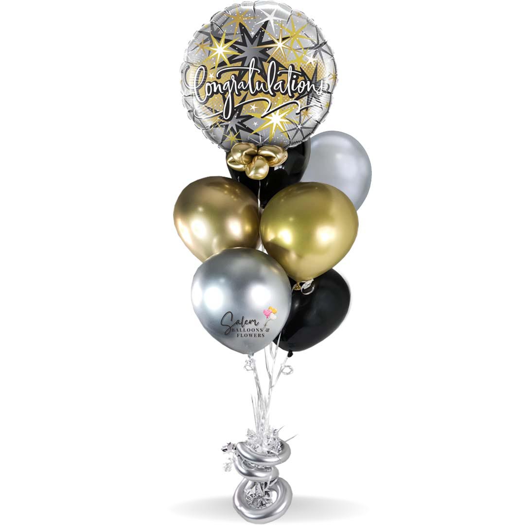 Congratulations helium balloons. Balloons Salem Oregon and nearby cities. Color gold, silver and black