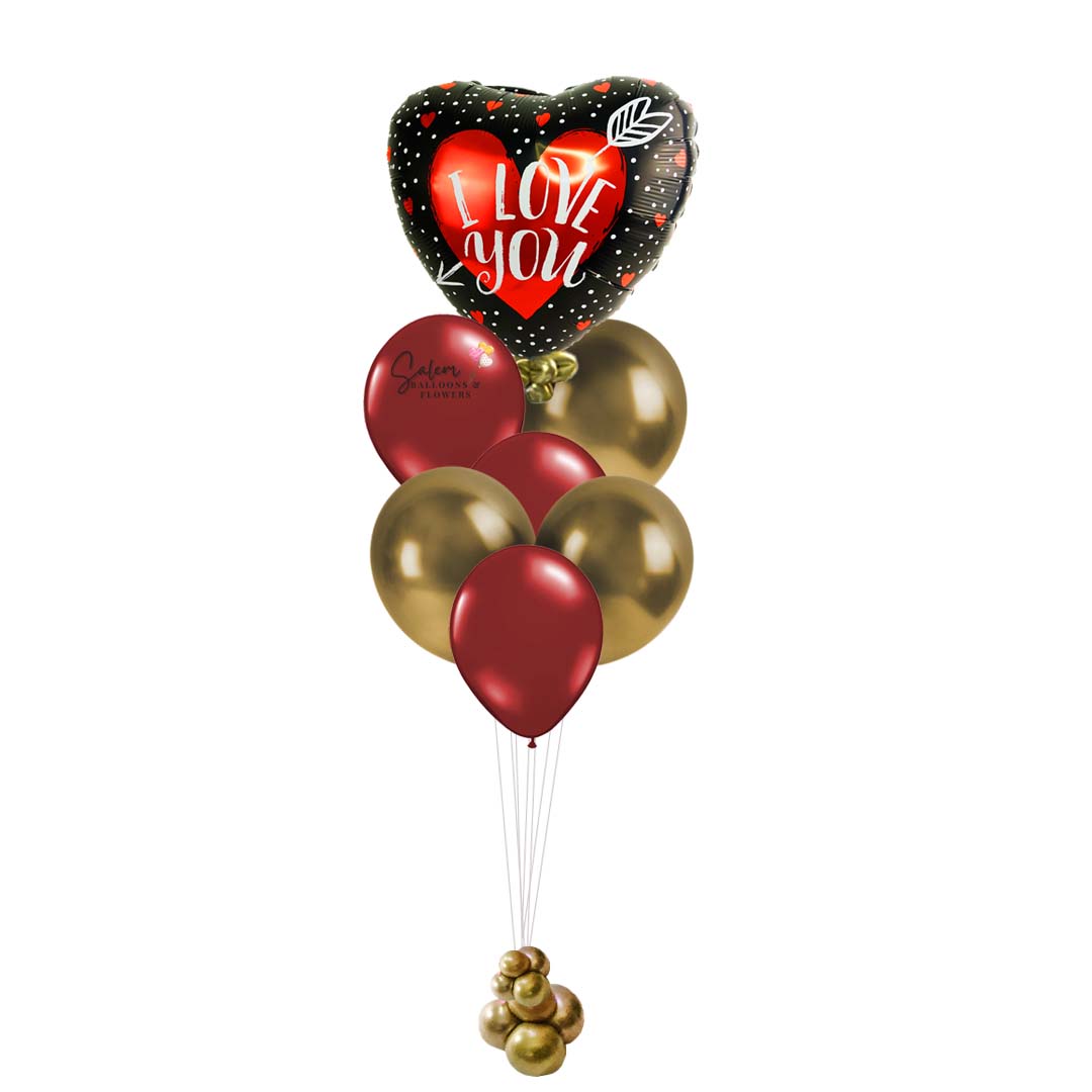 Balloon bouquet. Featuring heart shaped balloon with an " I Love You" message and a set of gold and red balloons. All anchored to a cluster of gold balloon bubbles.  Receiving a thoughtful gift that says I LOVE YOU It's a wonderful feeling, but sending it it's way sweeter! Delivery available in Salem Oregon and nearby areas.