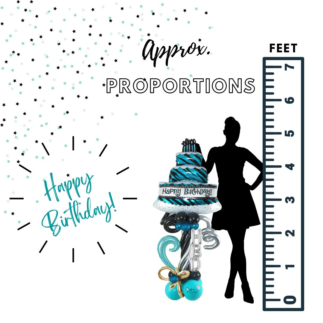 Birthday cake balloon bouquet, featuring a birthday cake with candles balloon with a 