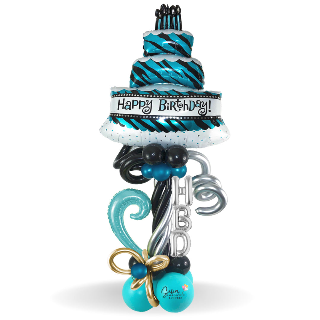 Birthday cake balloon bouquet, featuring a birthday cake with candles balloon with a 