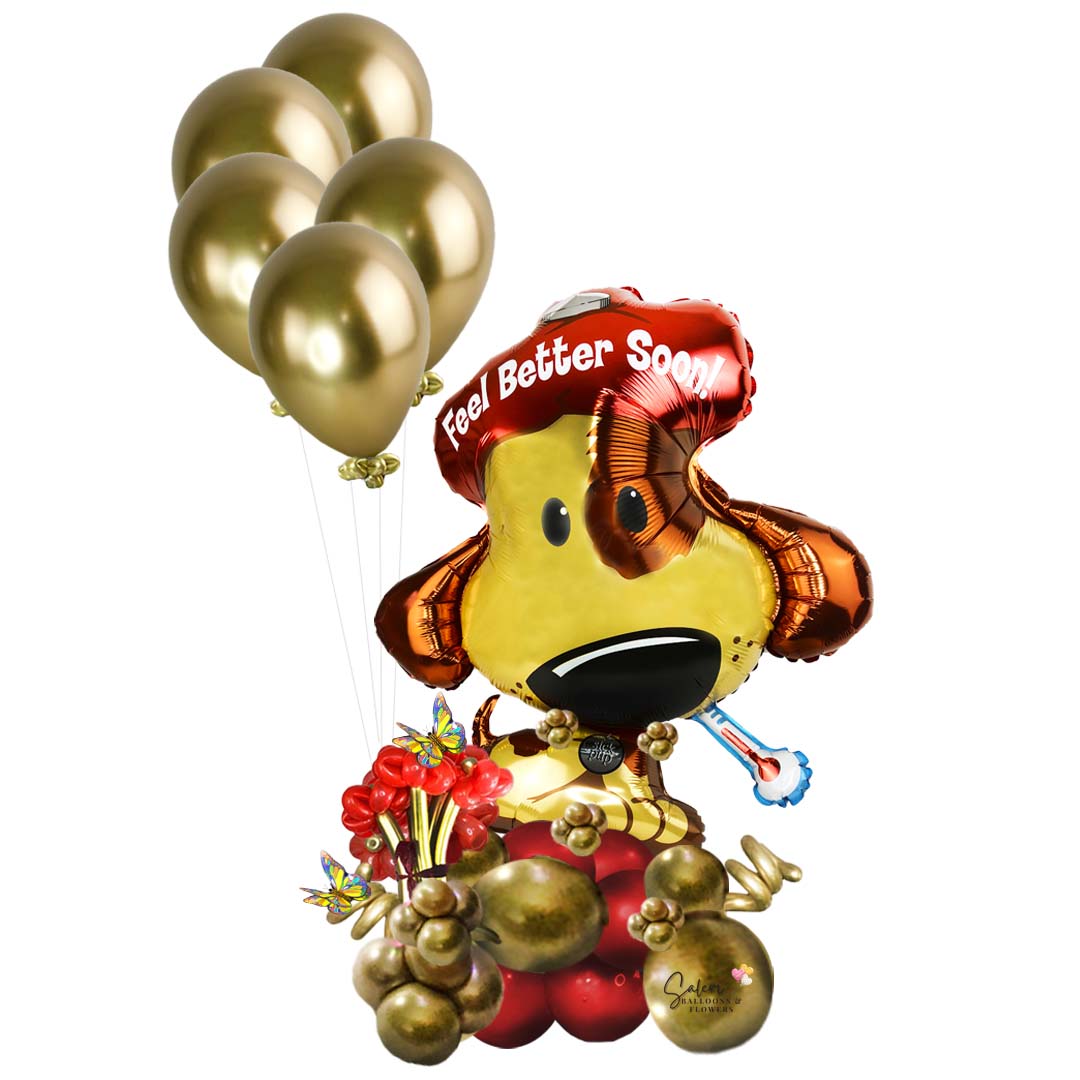 Feel better soon wishes balloon bouquet. Featuring a big puppy foil balloon with a 