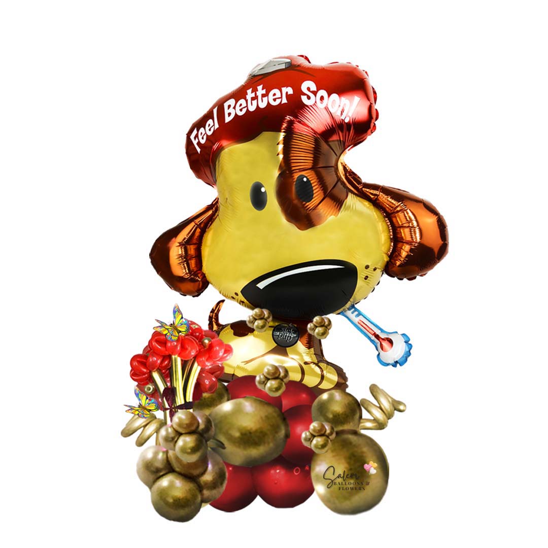 Feel better soon wishes balloon bouquet. Featuring a big puppy foil balloon with a 