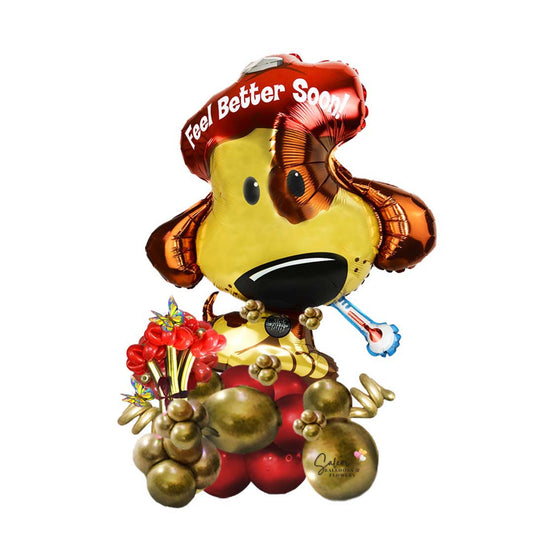 Feel better soon wishes balloon bouquet. Featuring a big puppy foil balloon with a "Feel better soon" message standing on a balloon bouquet, decorated with flower balloons and an optional set of helium balloons. Ideal to cheer up that special person you have in mind. Free delivery in Salem Oregon and nearby areas. 
