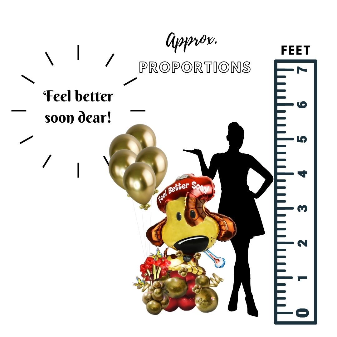 Feel better soon wishes balloon bouquet. Featuring a big puppy foil balloon with a "Feel better soon" message standing on a balloon bouquet, decorated with flower balloons and an optional set of helium balloons. Ideal to cheer up that special person you have in mind. Free delivery in Salem Oregon and nearby areas. 