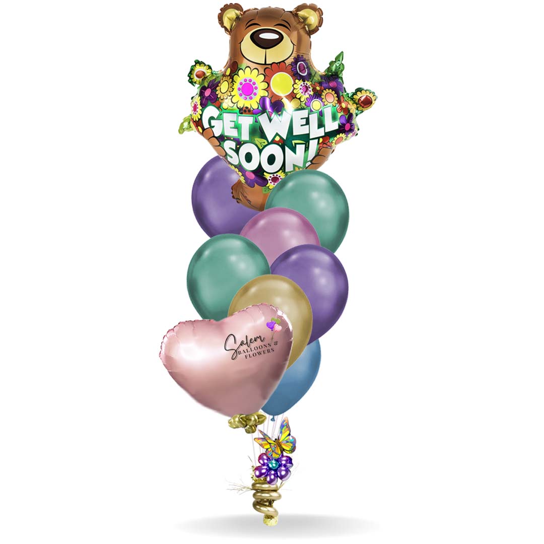 Get well soon helium balloon bouquet. Featuring a large Mylar teddy bear balloon with a 