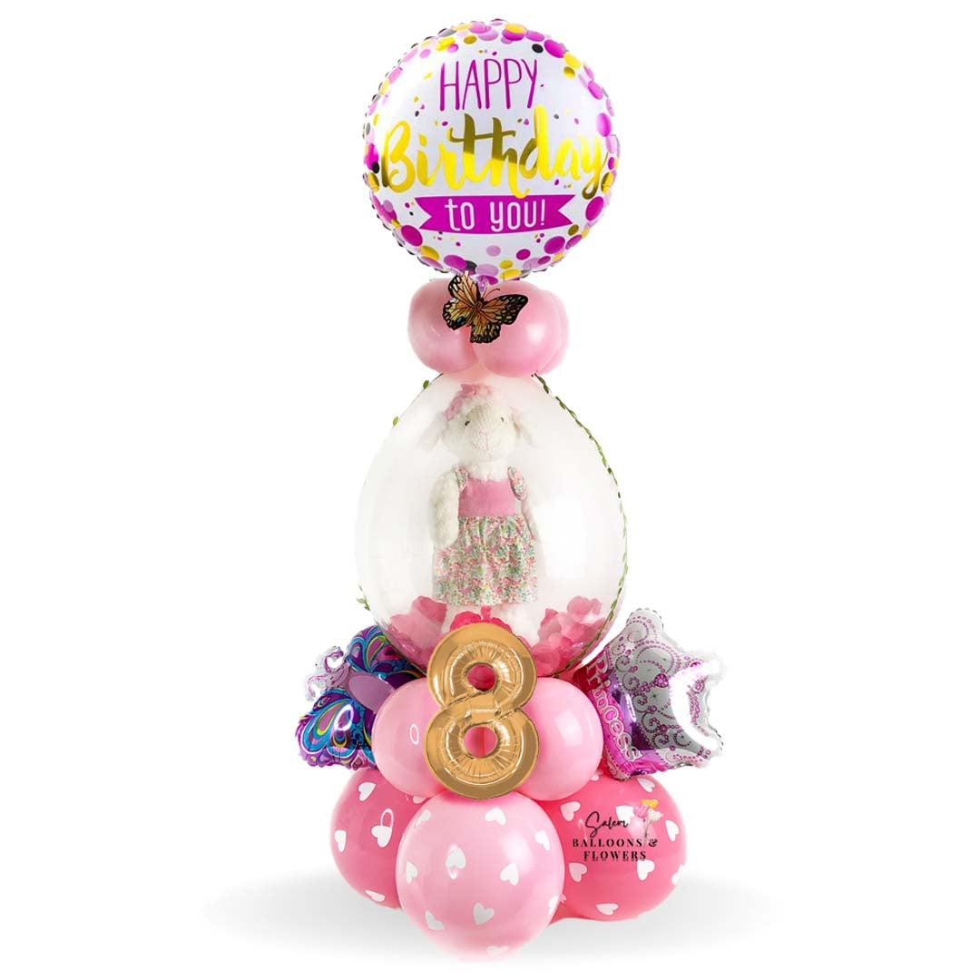 HBD Stuffed Balloon Bouquet. featuring a Mylar balloon with an Happy birthday message. and a soft touch lamb plush. Free delivery in Salem Oregon and nearby areas.